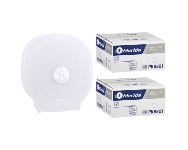 Pojemnik na cztery rolki papieru toaletowego bez gilzy MERIDA HARMONY za 75 zł netto przy zakupie 2 kartonów papiery toaletowego MERIDA CLASSIC PKB301 (36 x 125 m = 4500 m, 18 000 listków)