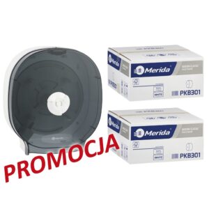 Pojemnik na cztery rolki papieru toaletowego bez gilzy MERIDA ONE biały za 75 zł netto przy zakupie 2 kartonów papiery toaletowego MERIDA CLASSIC PKB301 (36 x 125 m = 4500 m, 18 000 listków)