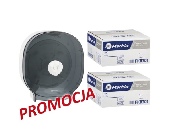 Pojemnik na cztery rolki papieru toaletowego bez gilzy MERIDA ONE biały za 75 zł netto przy zakupie 2 kartonów papiery toaletowego MERIDA CLASSIC PKB301 (36 x 125 m = 4500 m, 18 000 listków)