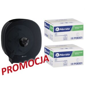 Pojemnik na cztery rolki papieru toaletowego bez gilzy MERIDA ONE czarny za 75 zł netto przy zakupie 2 kartonów papiery toaletowego MERIDA OPTIMUM POB301 (36 x 85 m = 3060 m, 12 240 listków)