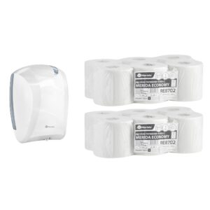 Pojemnik na ręczniki w roli CENTER PULL biały za 75 zł netto przy zakupie 2 opakowań ręczników w roli MERIDA ECONOMY MINI REB702 (12 x 210 m = 2520 m)
