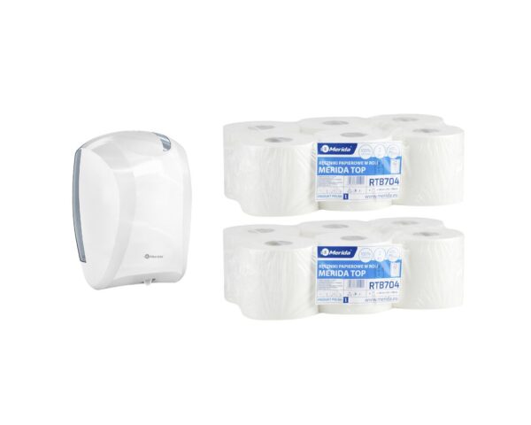 Pojemnik na ręczniki w roli CENTER PULL biały za 75 zł netto przy zakupie 2 opakowań ręczników w roli MERIDA TOP MINI RTB704 (12 x 130 m = 1560 m)