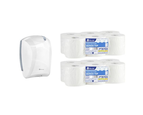 Pojemnik na papier toaletowy w listkach CENTER PULL biały za 75 zł netto przy zakupie 2 opakowań papieru MERIDA TOP PTB703