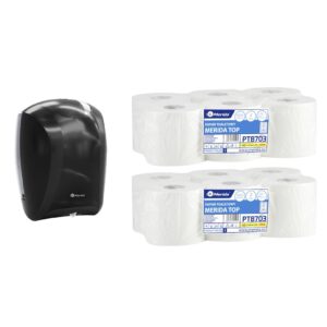 Pojemnik na papier toaletowy w listkach CENTER PULL czarny za 75 zł netto przy zakupie 2 opakowań papieru MERIDA TOP PTB703