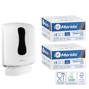 Pojemnik na ręczniki składane MERIDA ONE biały za 1 zł netto przy zakupie 2 kartonów ręczników składanych MERIDA CLASSIC SLIM ECOLABEL VKB201 (2 x 3000 = 6 000 listków)