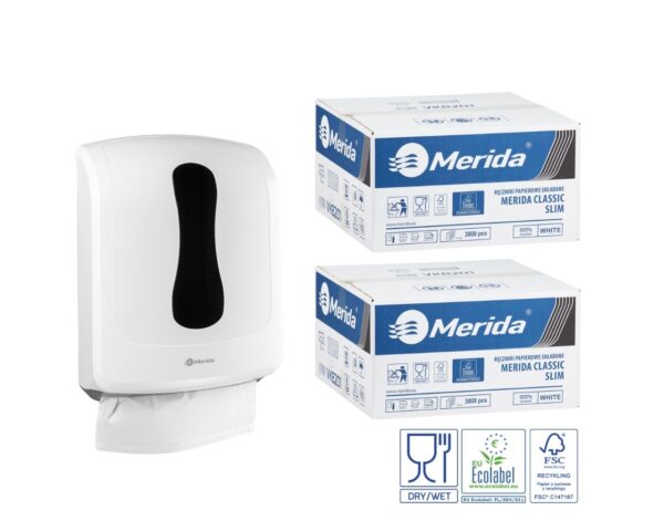 Pojemnik na ręczniki składane MERIDA ONE biały za 1 zł netto przy zakupie 2 kartonów ręczników składanych MERIDA CLASSIC SLIM ECOLABEL VKB201 (2 x 3000 = 6 000 listków) Pojemnik na ręczniki składane MERIDA ONE biały za 1 zł netto przy zakupie 2 kartonów ręczników składanych MERIDA CLASSIC SLIM ECOLABEL VKB201 (2 x 3000 = 6 000 listków)