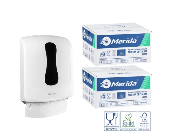 Pojemnik na ręczniki składane MERIDA ONE biały za 1 zł netto przy zakupie 2 kartonów ręczników składanych MERIDA OPTIMUM SLIM ECOLABEL VOB207 (2 x 2700 = 5 400 listków)