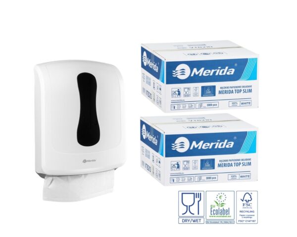 Pojemnik na ręczniki składane MERIDA ONE biały za 1 zł netto przy zakupie 2 kartonów ręczników składanych MERIDA TOP SLIM ECOLABEL VTB210 (2 x 3000 = 6 000 listków) Pojemnik na ręczniki składane MERIDA ONE biały za 1 zł netto przy zakupie 2 kartonów ręczników składanych MERIDA TOP SLIM ECOLABEL VTB210 (2 x 3000 = 6 000 listków)