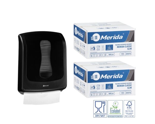 Pojemnik na ręczniki składane MERIDA ONE czarny za 1 zł netto przy zakupie 2 kartonów ręczników składanych MERIDA CLASSIC SLIM ECOLABEL VKB201 (2 x 3000 = 6 000 listków) Pojemnik na ręczniki składane MERIDA ONE czarny za 1 zł netto przy zakupie 2 kartonów ręczników składanych MERIDA CLASSIC SLIM ECOLABEL VKB201 (2 x 3000 = 6 000 listków)