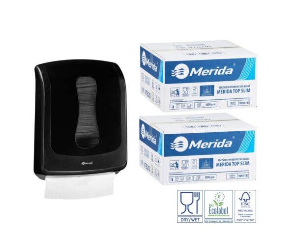 Pojemnik na ręczniki składane MERIDA ONE czarny za 1 zł netto przy zakupie 2 kartonów ręczników składanych MERIDA TOP SLIM ECOLABEL VTB210 (2 x 3000 = 6 000 listków) Pojemnik na ręczniki składane MERIDA ONE czarny za 1 zł netto przy zakupie 2 kartonów ręczników składanych MERIDA TOP SLIM ECOLABEL VTB210 (2 x 3000 = 6 000 listków)