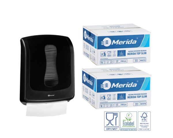 Pojemnik na ręczniki składane MERIDA ONE czarny za 1 zł netto przy zakupie 2 kartonów ręczników składanych MERIDA TOP SLIM ECOLABEL VTB207 (2 x 2700 = 5 400 listków) Pojemnik na ręczniki składane MERIDA ONE czarny za 1 zł netto przy zakupie 2 kartonów ręczników składanych MERIDA TOP SLIM ECOLABEL VTB207 (2 x 2700 = 5 400 listków)
