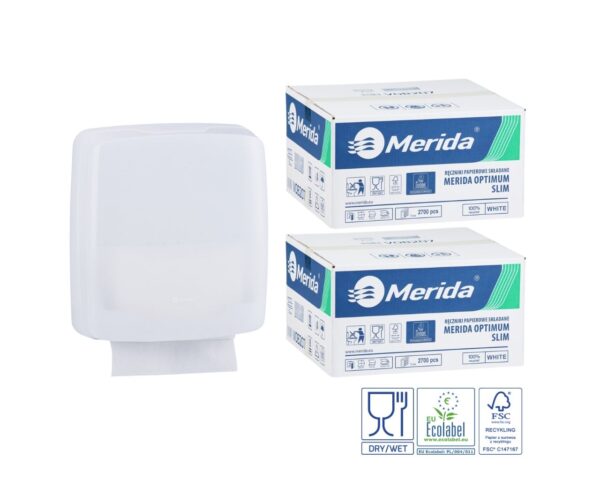 Pojemnik na ręczniki składane MERIDA HARMONY SLIM za 1 zł netto przy zakupie 2 kartonów ręczników składanych MERIDA OPTIMUM SLIM ECOLABEL VOB207 (2 x 2700 = 5 400 listków)
