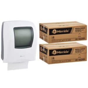 Mechaniczny podajnik ręczników MERIDA ONE biały za 125 zł netto przy zakupie 2 kartonów ręczników MERIDA ECONOMY AUTOMATIC RAZ301 (12 x 250 m = 3 000 m, 11 760 listków)