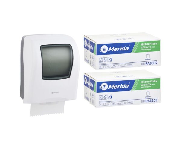 Mechaniczny podajnik ręczników MERIDA ONE biały za 125 zł netto przy zakupie 2 kartonów ręczników MERIDA OPTIMUM AUTOMATIC RAB302 (12 x 250 m = 3 000 m, 11 760 listków)