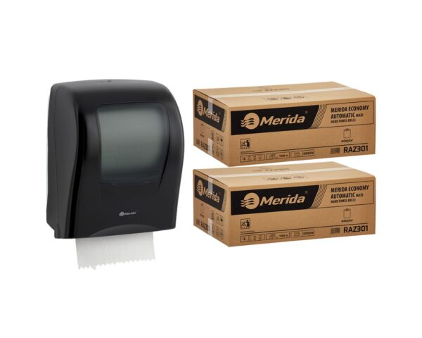 Mechaniczny podajnik ręczników MERIDA ONE czarny za 125 zł netto przy zakupie 2 kartonów ręczników MERIDA ECONOMY AUTOMATIC RAZ301 (12 x 250 m = 3 000 m, 11 760 listków)