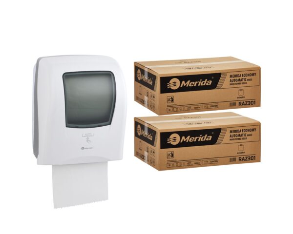 Automatyczny bezdotykowy podajnik ręczników MERIDA ONE biały za 250 zł netto przy zakupie 2 kartonów ręczników MERIDA ECONOMY AUTOMATIC RAZ301 (12 x 250 m = 3 000 m, 11 760 listków) Automatyczny bezdotykowy podajnik ręczników MERIDA ONE biały za 250 zł netto przy zakupie 2 kartonów ręczników MERIDA ECONOMY AUTOMATIC RAZ301 (12 x 250 m = 3 000 m, 11 760 listków)