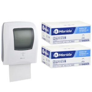 Automatyczny bezdotykowy podajnik ręczników MERIDA ONE biały za 250 zł netto przy zakupie 2 kartonów ręczników MERIDA TOP AUTOMATIC RAB309 (12 x 140 m = 1 680 m, do 8 184 listków)
