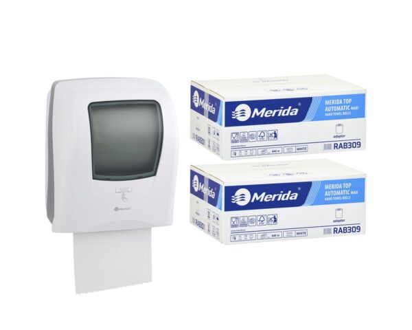 Automatyczny bezdotykowy podajnik ręczników MERIDA ONE biały za 250 zł netto przy zakupie 2 kartonów ręczników MERIDA TOP AUTOMATIC RAB309 (12 x 140 m = 1 680 m, do 8 184 listków) Automatyczny bezdotykowy podajnik ręczników MERIDA ONE biały za 250 zł netto przy zakupie 2 kartonów ręczników MERIDA TOP AUTOMATIC RAB309 (12 x 140 m = 1 680 m, do 8 184 listków)