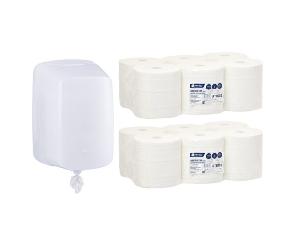 Pojemnik na ręczniki w roli MERIDA HARMONY za 50 zł netto przy zakupie 2 opakowań ręczników w roli MERIDA OPTIMUM MAXI ROB105 (12 x 150 m = 1 500 m)