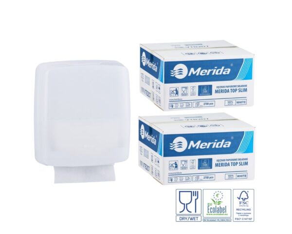 Pojemnik na ręczniki składane MERIDA HARMONY za 1 zł netto przy zakupie 2 kartonów ręczników składanych MERIDA TOP SLIM ECOLABEL VTB207 (2 x 2700 = 5 400 listków)