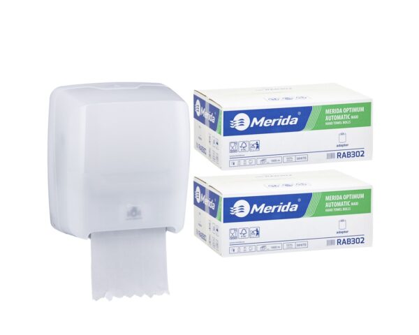 Mechaniczny podajnik ręczników MERIDA HARMONY za 100 zł netto przy zakupie 2 kartonów ręczników MERIDA OPTIMUM AUTOMATIC RAB302 (12 x 250 m = 3 000 m, 11 100 listków)