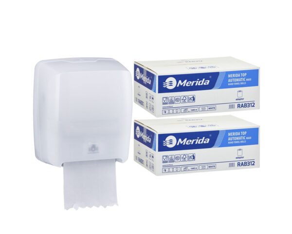 Mechaniczny podajnik ręczników MERIDA HARMONY za 100 zł netto przy zakupie 2 kartonów ręczników MERIDA TOP AUTOMATIC RAB312 (12 x 240 m = 2 800 m, 10 656 listków)