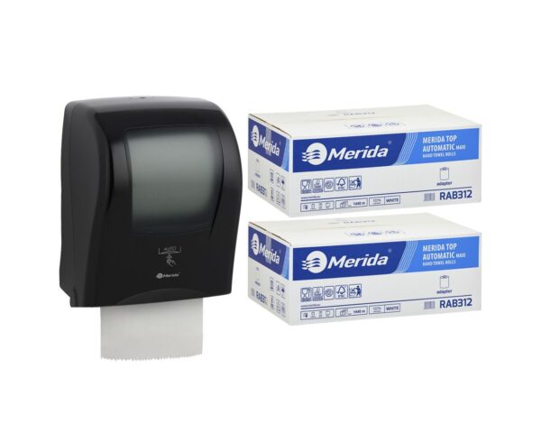 Automatyczny bezdotykowy podajnik ręczników MERIDA ONE czarny za 250 zł netto przy zakupie 2 kartonów ręczników MERIDA TOP AUTOMATIC RAB312 (12 x 240 m = 2 800 m, 11 292 listki) Automatyczny bezdotykowy podajnik ręczników MERIDA ONE czarny za 250 zł netto przy zakupie 2 kartonów ręczników MERIDA TOP AUTOMATIC RAB312 (12 x 240 m = 2 800 m, 11 292 listki)