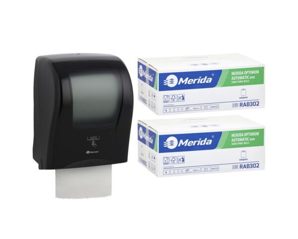 Automatyczny bezdotykowy podajnik ręczników MERIDA ONE czarny za 250 zł netto przy zakupie 2 kartonów ręczników MERIDA OPTIMUM AUTOMATIC RAB302 (12 x 250 m = 3 000 m, 11 760 listków) Automatyczny bezdotykowy podajnik ręczników MERIDA ONE czarny za 250 zł netto przy zakupie 2 kartonów ręczników MERIDA OPTIMUM AUTOMATIC RAB302 (12 x 250 m = 3 000 m, 11 760 listków)