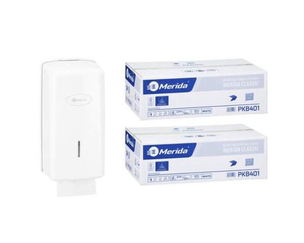 Pojemnik na papier toaletowy w listkach MERIDA ONE za 1 zł netto przy zakupie 2 kartonów papierów toaletowych MERIDA CLASSIC PKB401 (18 000 listków) Pojemnik na papier toaletowy w listkach MERIDA ONE za 1 zł netto przy zakupie 2 kartonów papierów toaletowych MERIDA CLASSIC PKB401 (18 000 listków)