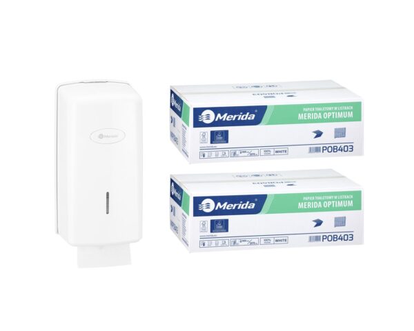 Pojemnik na papier toaletowy w listkach MERIDA ONE za 1 zł netto przy zakupie 2 kartonów papierów toaletowych MERIDA OPTIMUM POB403 (18 000 listków)