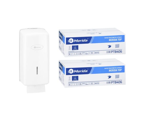 Pojemnik na papier toaletowy w listkach MERIDA ONE za 1 zł netto przy zakupie 2 kartonów papierów toaletowych MERIDA TOP PTB406 (18 000 listków) Pojemnik na papier toaletowy w listkach MERIDA ONE za 1 zł netto przy zakupie 2 kartonów papierów toaletowych MERIDA TOP PTB406 (18 000 listków)