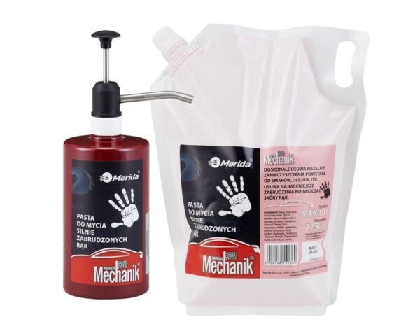 Zestaw pasta do mycia silnie zabrudzonych rąk MERIDA MECHANIK, rubinowa butelka z pompką, 500 g + wkład 1750 g do uzupełnienia Zestaw pasta do mycia silnie zabrudzonych rąk MERIDA MECHANIK, rubinowa butelka z pompką, 500 g + wkład 1750 g do uzupełnienia