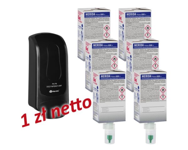 Dozownik płynu dezynfekcyjnego MERIDA ONE czarny za 1 zł netto przy zakupie 6 wkładów z płynem MERIDA POLANA DDR+
