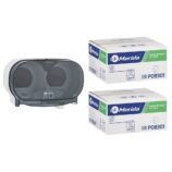 Pojemnik na dwie rolki papieru toaletowego bez gilzy MERIDA ONE biały za 50 zł netto przy zakupie 2 kartonów papiery toaletowego MERIDA OPTIMUM POB301 (36 x 85 m = 3060 m, 12 240 listków)