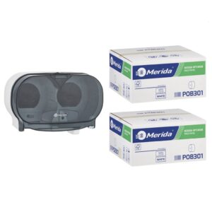 Pojemnik na dwie rolki papieru toaletowego bez gilzy MERIDA ONE biały za 50 zł netto przy zakupie 2 kartonów papiery toaletowego MERIDA OPTIMUM POB301 (36 x 85 m = 3060 m, 12 240 listków)
