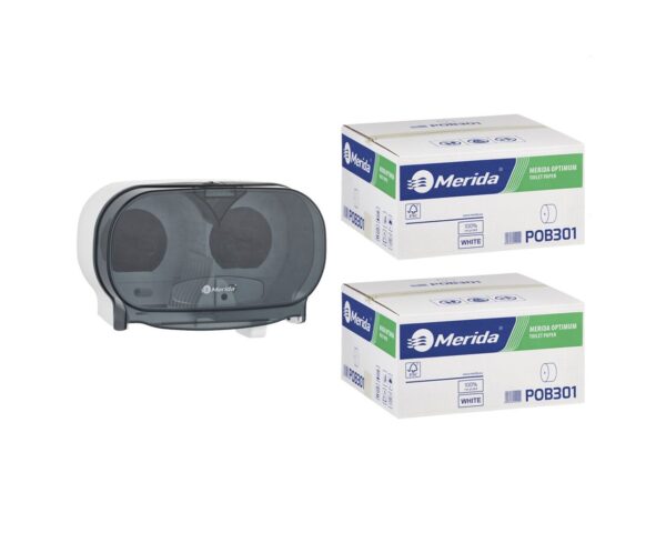 Pojemnik na dwie rolki papieru toaletowego bez gilzy MERIDA ONE biały za 50 zł netto przy zakupie 2 kartonów papiery toaletowego MERIDA OPTIMUM POB301 (36 x 85 m = 3060 m, 12 240 listków)