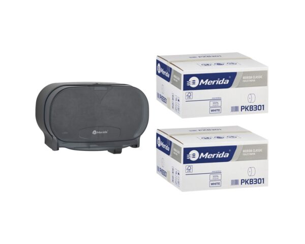 Pojemnik na dwie rolki papieru toaletowego bez gilzy MERIDA ONE czarny za 50 zł netto przy zakupie 2 kartonów papiery toaletowego MERIDA CLASSIC PKB301 (36 x 125 m = 4500 m, 18 000 listków)