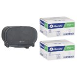 Pojemnik na dwie rolki papieru toaletowego bez gilzy MERIDA ONE czarny za 50 zł netto przy zakupie 2 kartonów papiery toaletowego MERIDA OPTIMUM POB301 (36 x 85 m = 3060 m, 12 240 listków)