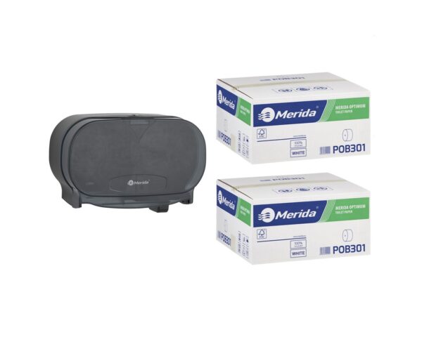 Pojemnik na dwie rolki papieru toaletowego bez gilzy MERIDA ONE czarny za 50 zł netto przy zakupie 2 kartonów papiery toaletowego MERIDA OPTIMUM POB301 (36 x 85 m = 3060 m, 12 240 listków)