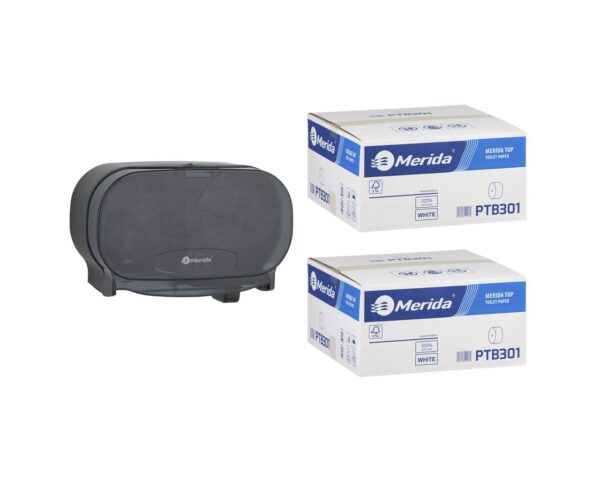 Pojemnik na dwie rolki papieru toaletowego bez gilzy MERIDA ONE czarny za 50 zł netto przy zakupie 2 kartonów papiery toaletowego MERIDA TOP PTB301 (36 x 85 m = 3060 m, 12 240 listków) Pojemnik na dwie rolki papieru toaletowego bez gilzy MERIDA ONE czarny za 50 zł netto przy zakupie 2 kartonów papiery toaletowego MERIDA TOP PTB301 (36 x 85 m = 3060 m, 12 240 listków)