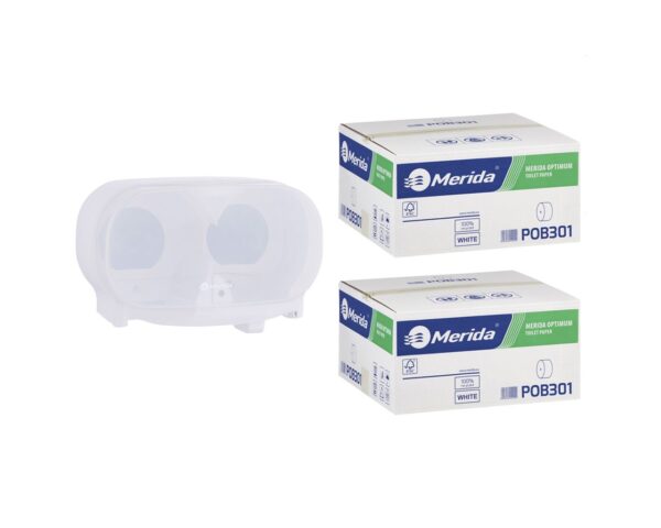 Pojemnik na dwie rolki papieru toaletowego bez gilzy MERIDA HARMONY za 50 zł netto przy zakupie 2 kartonów papiery toaletowego MERIDA OPTIMUM (36 x 85 m = 3060 m, 12 240 listków) Pojemnik na dwie rolki papieru toaletowego bez gilzy MERIDA HARMONY za 50 zł netto przy zakupie 2 kartonów papiery toaletowego MERIDA OPTIMUM (36 x 85 m = 3060 m, 12 240 listków)