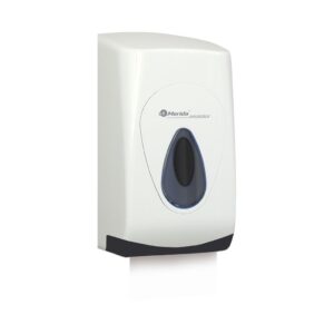 Pojemnik na papier toaletowy w listkach MERIDA TOP, pojemność do 450 szt., tworzywo ABS, biały, tył szary, okienko szare