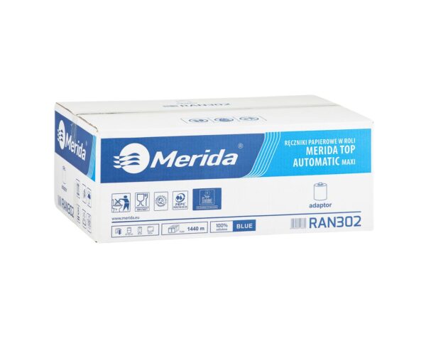 Ręczniki papierowe w roli z adaptorem MERIDA TOP AUTOMATIC MAXI, niebieskie, średnica 19,5 cm, długość 240 m, dwuwarstwowe, karton 6 rolek Ręczniki papierowe w roli z adaptorem MERIDA TOP AUTOMATIC MAXI, niebieskie, średnica 19,5 cm, długość 240 m, dwuwarstwowe, karton 6 rolek