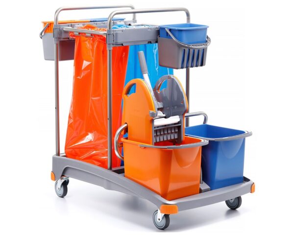 Zestaw do sprzątania, stelaż ze stali nierdzewnej, dwa worki 70 l, dwa wiadra 20 l, 3 wiadra pomocnicze 6 l, prasa do mopów, TSS-0014 Zestaw do sprzątania, stelaż ze stali nierdzewnej, dwa worki 70 l, dwa wiadra 20 l, 3 wiadra pomocnicze 6 l, prasa do mopów, TSS-0014