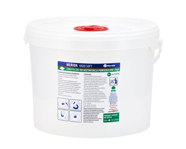 Chusteczki nasączone do dezynfekcji rąk i powierzchni MERIDA VADO SOFT, bezalkoholowe, wiadro 10 l, rolka 122,36 m, 322 listki Chusteczki nasączone do dezynfekcji rąk i powierzchni MERIDA VADO SOFT, bezalkoholowe, wiadro 10 l, rolka 122,36 m, 322 listki