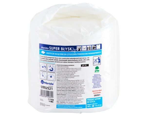Chusteczki nasączone do czyszczenia powierzchni wodoodpornych MERIDA SUPER BŁYSK, wkład uzupełniający do wiadra 6 l, rolka 65 m, 260 listków Chusteczki nasączone do czyszczenia powierzchni wodoodpornych MERIDA SUPER BŁYSK, wkład uzupełniający do wiadra 6 l, rolka 65 m, 260 listków