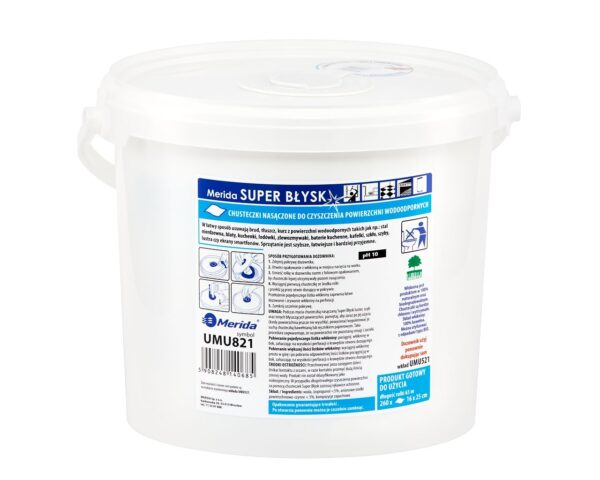 Chusteczki nasączone do czyszczenia powierzchni wodoodpornych MERIDA SUPER BŁYSK, wiadro 6 l, rolka 65 m, 260 listków Chusteczki nasączone do czyszczenia powierzchni wodoodpornych MERIDA SUPER BŁYSK, wiadro 6 l, rolka 65 m, 260 listków