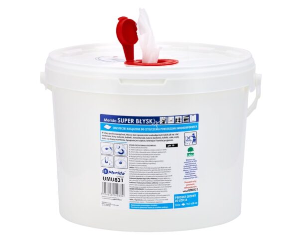 Chusteczki nasączone do czyszczenia powierzchni wodoodpornych MERIDA SUPER BŁYSK, wiadro 10 l, rolka 122,36 m, 322 listki Chusteczki nasączone do czyszczenia powierzchni wodoodpornych MERIDA SUPER BŁYSK, wiadro 10 l, rolka 122,36 m, 322 listki