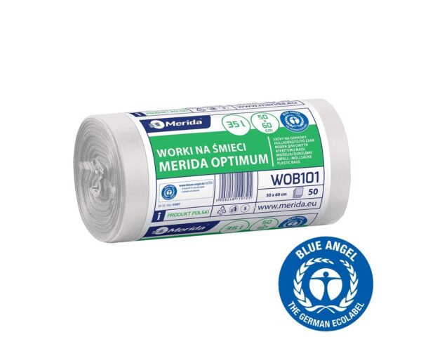 Worki na śmieci 35 l, MERIDA OPTIMUM BLUE ANGEL, białe, 50x60 cm, rolka 50 szt.