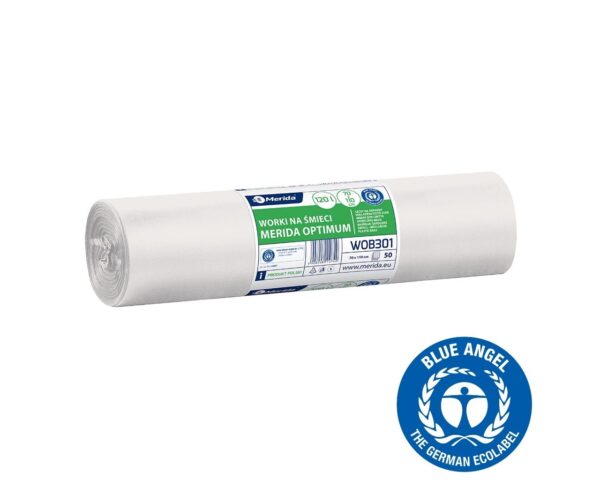 Worki na śmieci 120 l, MERIDA OPTIMUM BLUE ANGEL, białe, 70x110 cm, rolka 50 szt. Worki na śmieci 120 l, MERIDA OPTIMUM BLUE ANGEL, białe, 70x110 cm, rolka 50 szt.